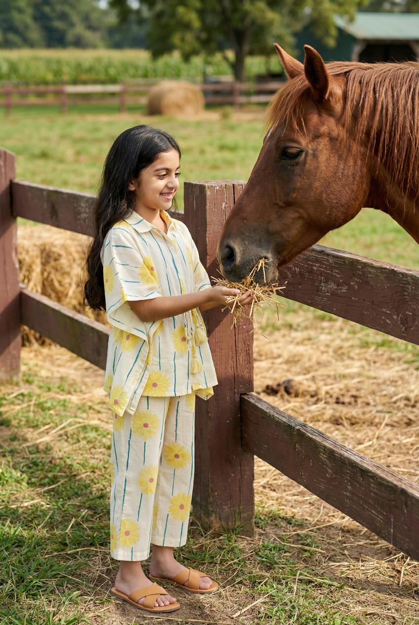 Yellow Floral Print Round Neck Cotton Night Suit For Kids