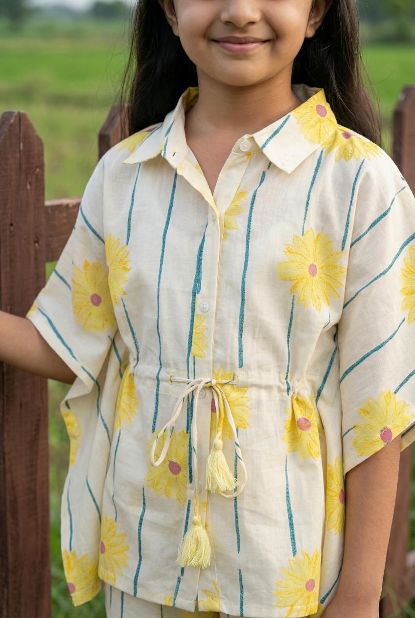 Yellow Floral Print Round Neck Cotton Night Suit For Kids