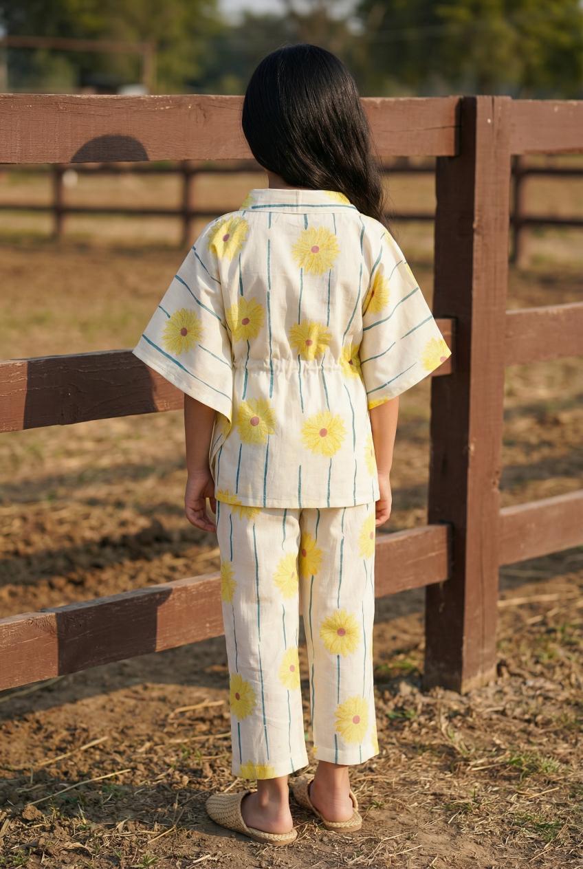 Yellow Floral Print Round Neck Cotton Night Suit For Kids
