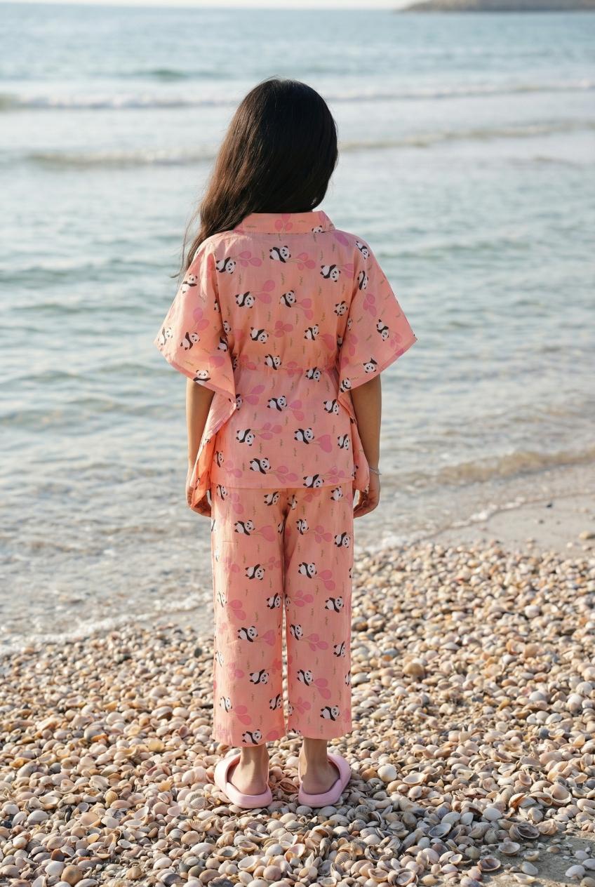 Pink Panda Printed Shirt Collar Cotton Kids Kaftan Night Suits