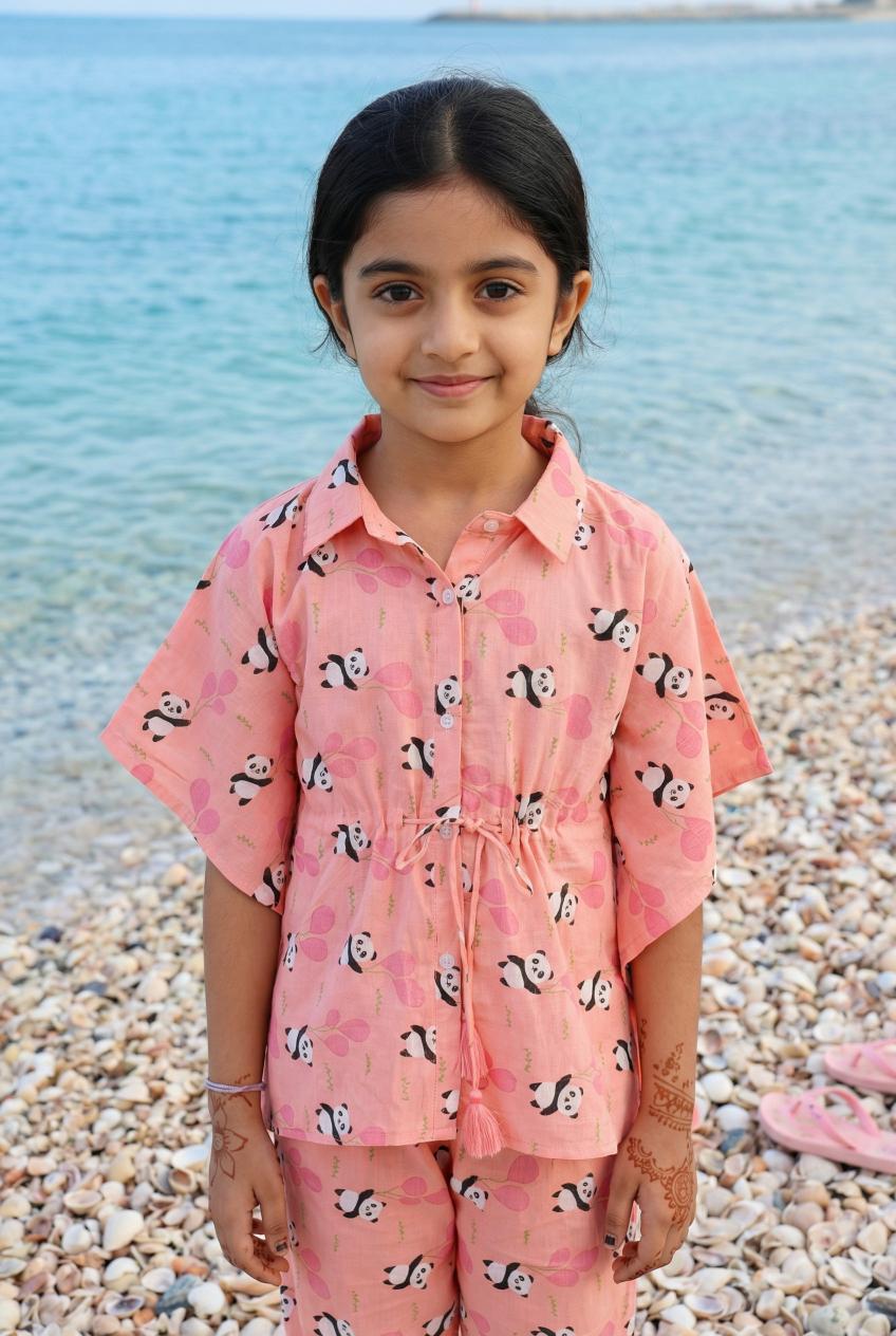 Pink Panda Printed Shirt Collar Cotton Kids Kaftan Night Suits
