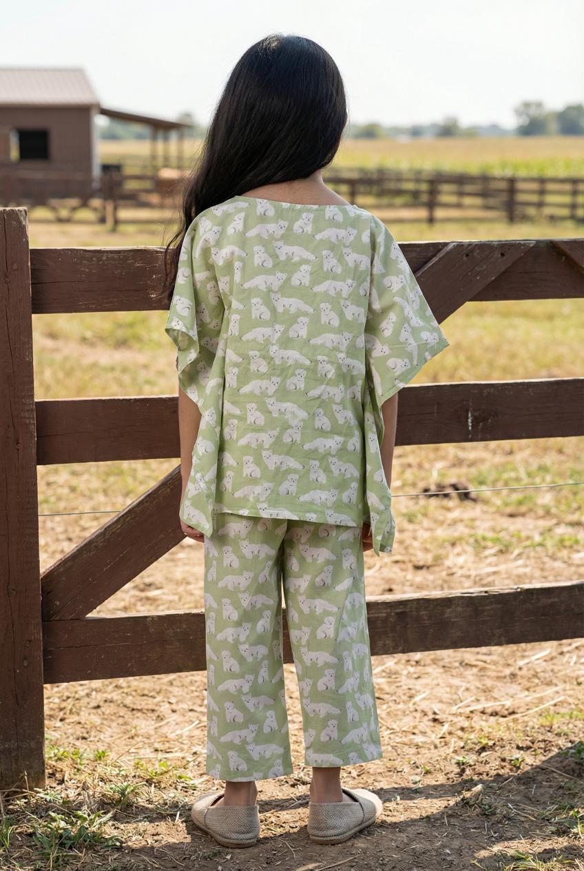 Green & White Animal Print Round Neck Pure Cotton Night Suit For Kids