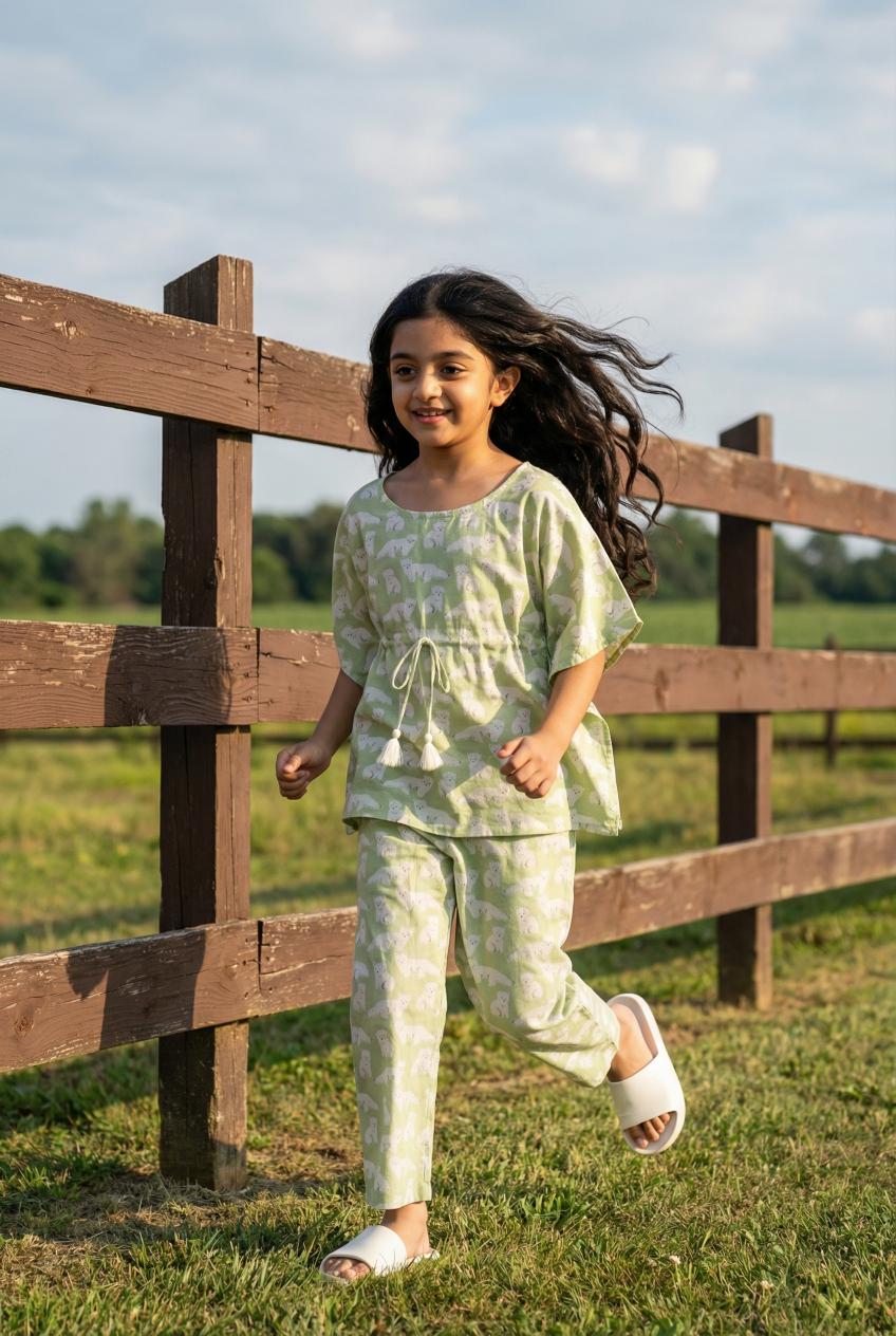 Green & White Animal Print Round Neck Pure Cotton Night Suit For Kids