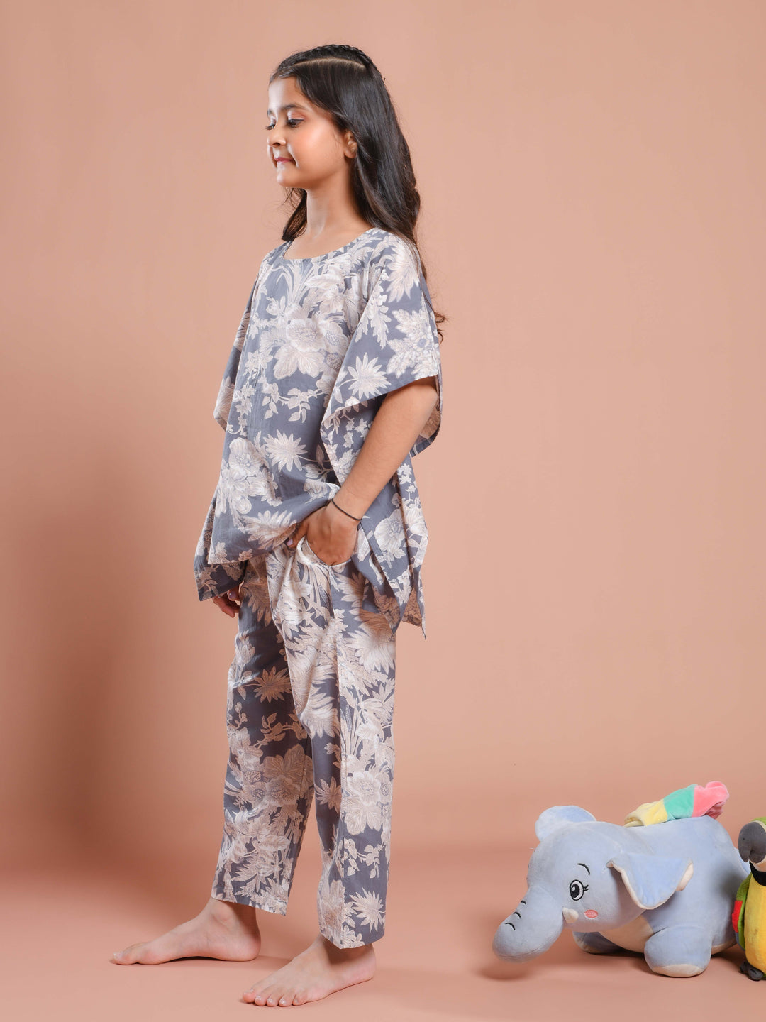 Grey Floral Printed Kaftan Night Suit For Kids
