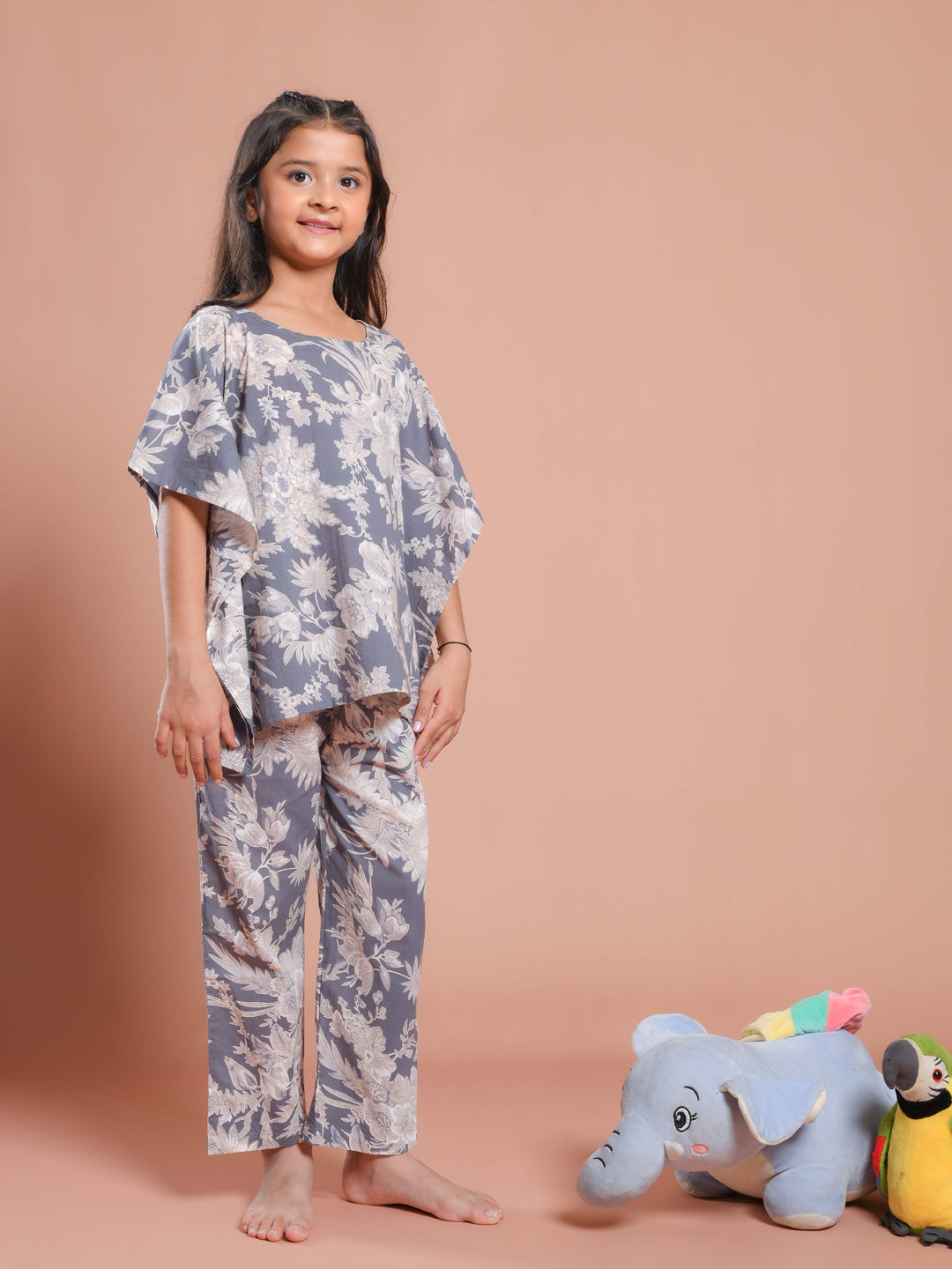 Grey Floral Printed Kaftan Night Suit For Kids