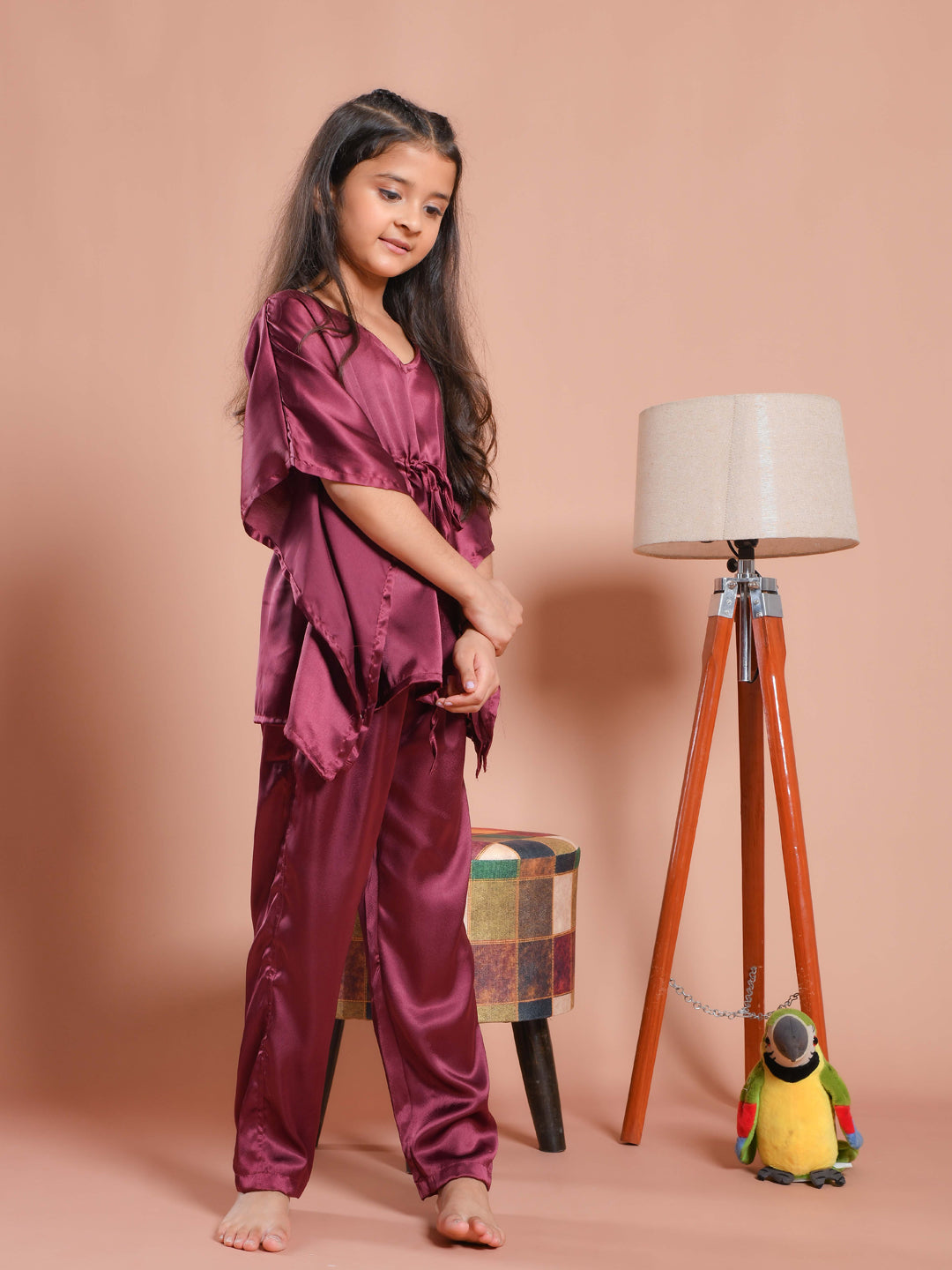 Burgundy Color V-Neck Solid Kids Night Suit