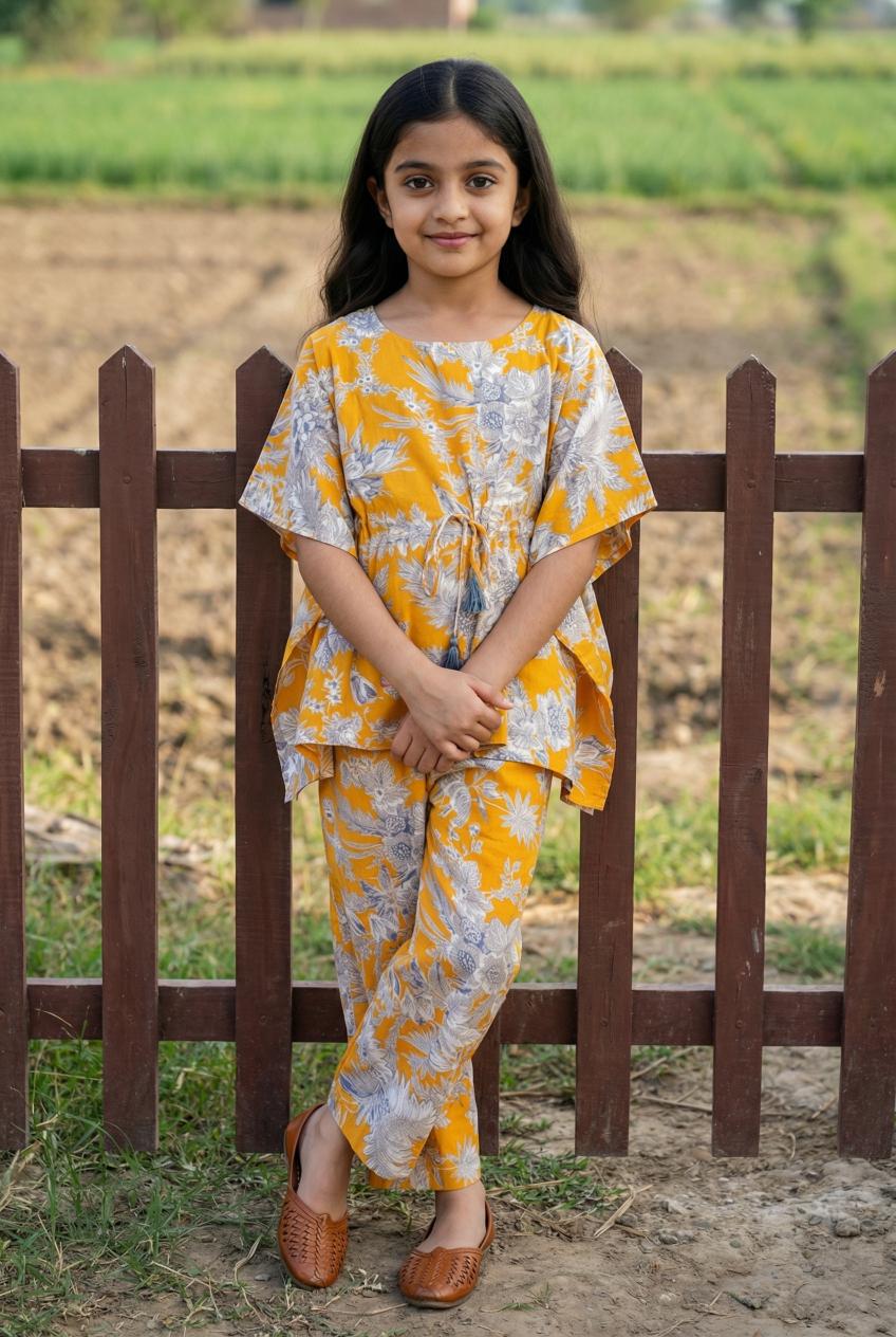 Mustard Floral Print Kaftan Night Suit For Kids