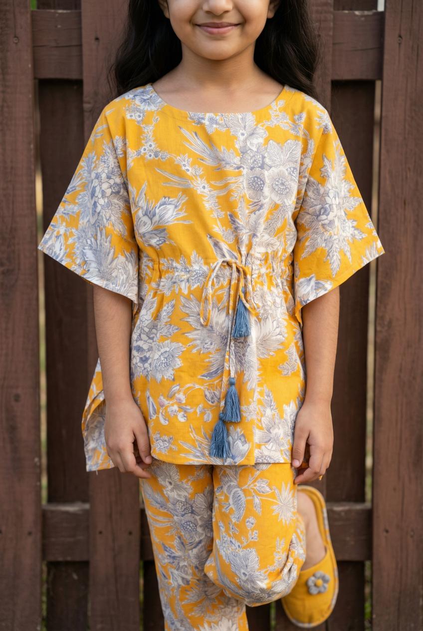 Mustard Floral Print Kaftan Night Suit For Kids