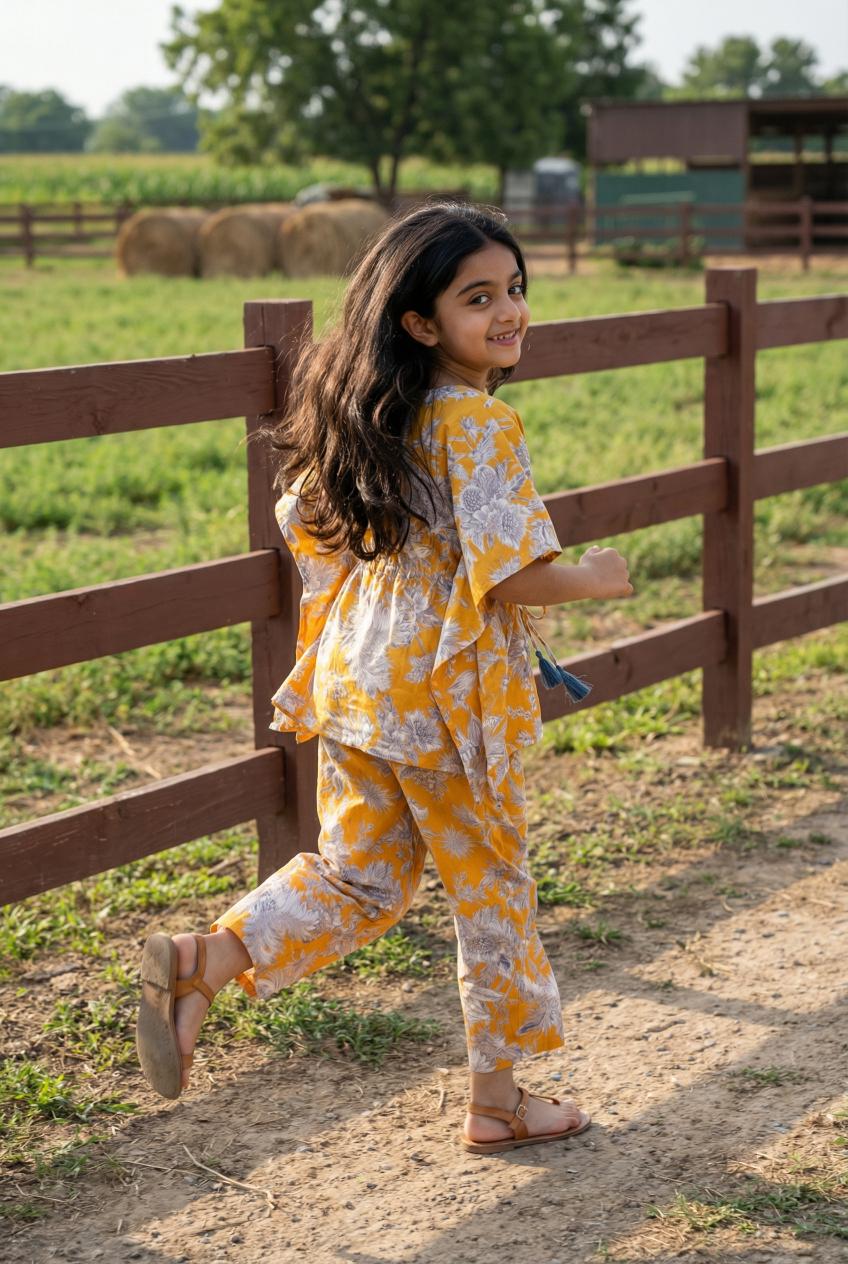 Mustard Floral Print Kaftan Night Suit For Kids