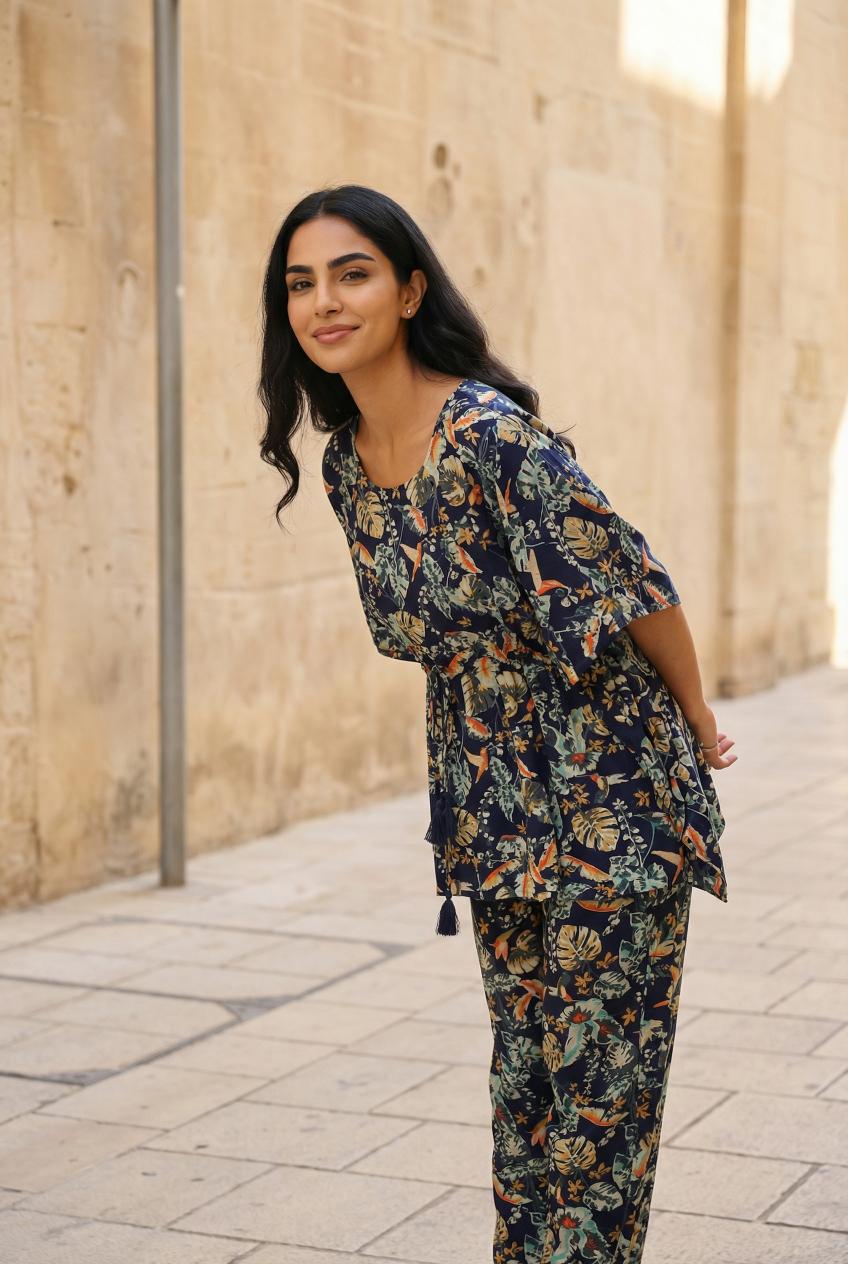 Multi Color Round Neck Floral Printed Pure Cotton Night Suit Set For Women