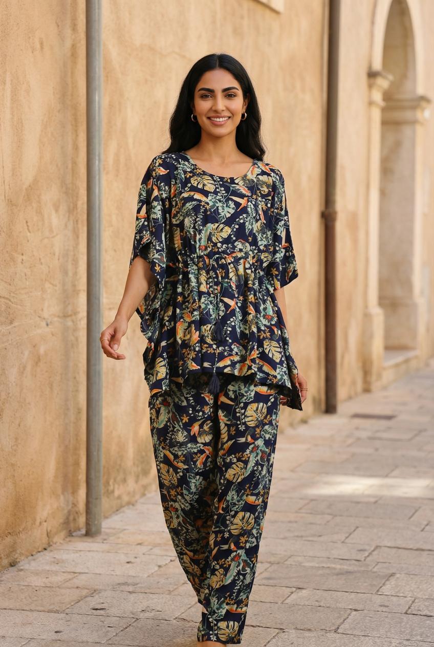 Multi Color Round Neck Floral Printed Pure Cotton Night Suit Set For Women