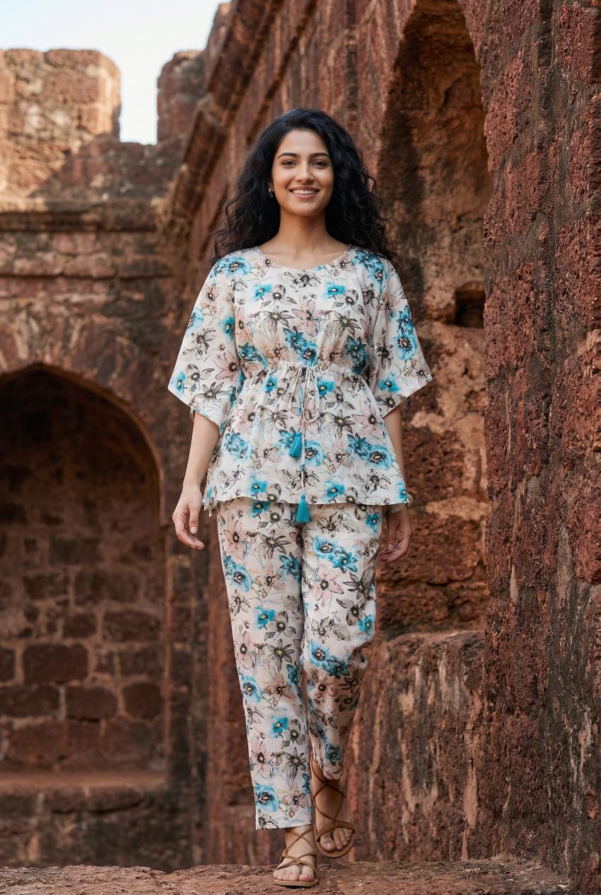 Multi Color Floral Print Night Suit Set For Women
