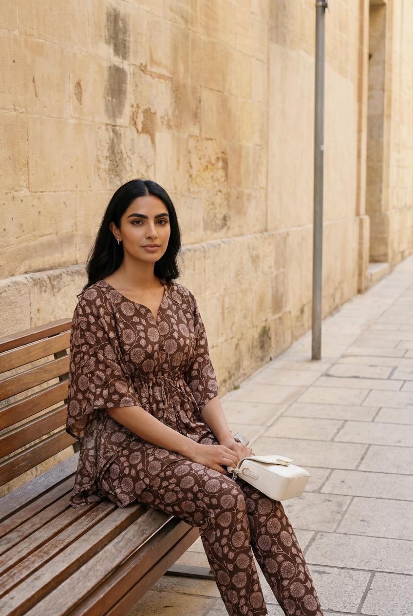 Brown V-Neck Pure Cotton Floral Printed Night Suit For Women