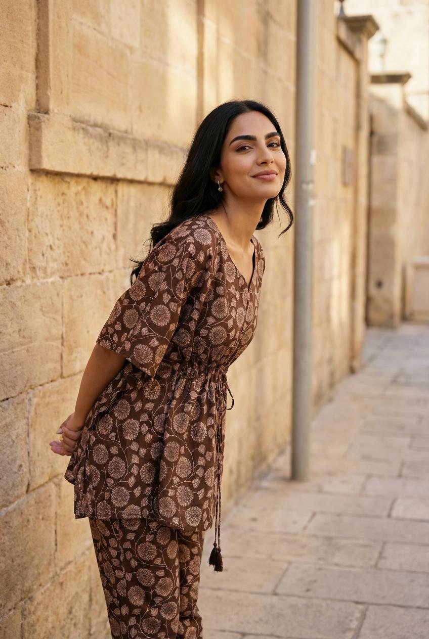 Brown V-Neck Pure Cotton Floral Printed Night Suit For Women