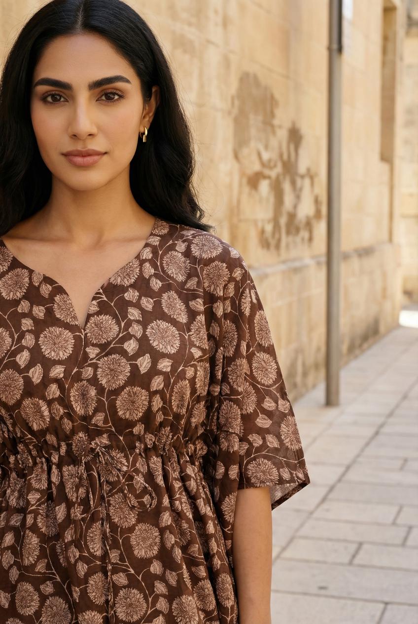 Brown V-Neck Pure Cotton Floral Printed Night Suit For Women