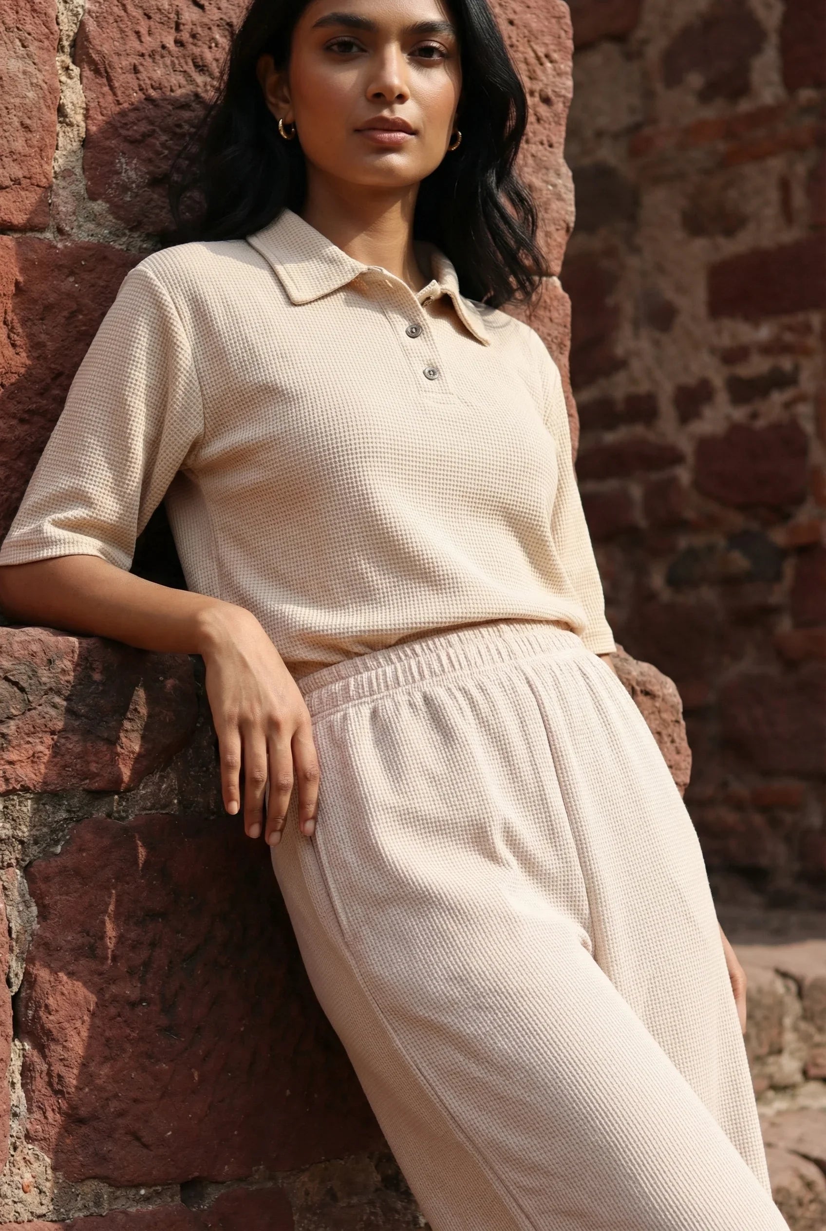 Beige Solid Print Shirt Collar Lycra Night Suit Set for Women - SanskrutiHomes