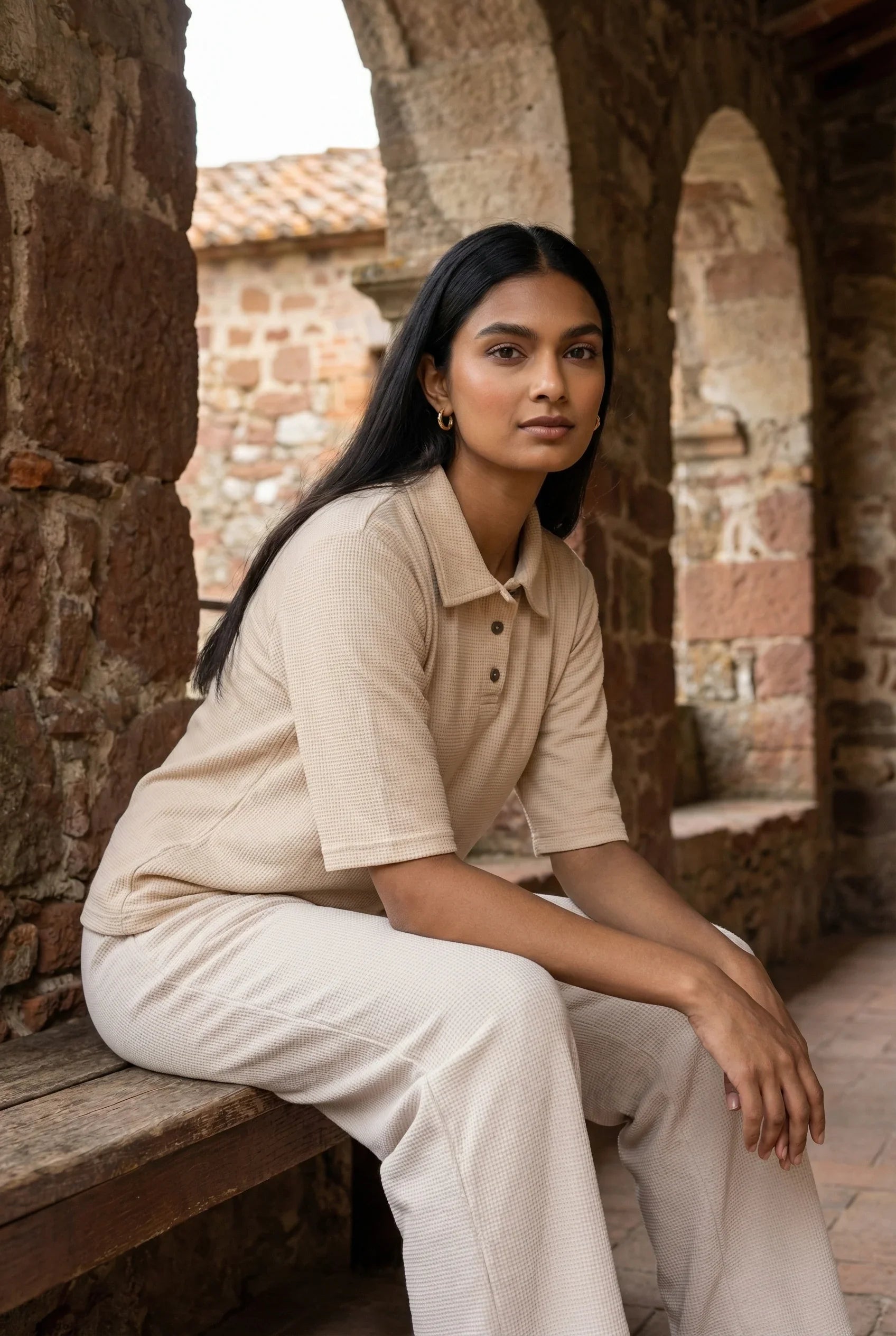 Beige Solid Print Shirt Collar Lycra Night Suit Set for Women - SanskrutiHomes