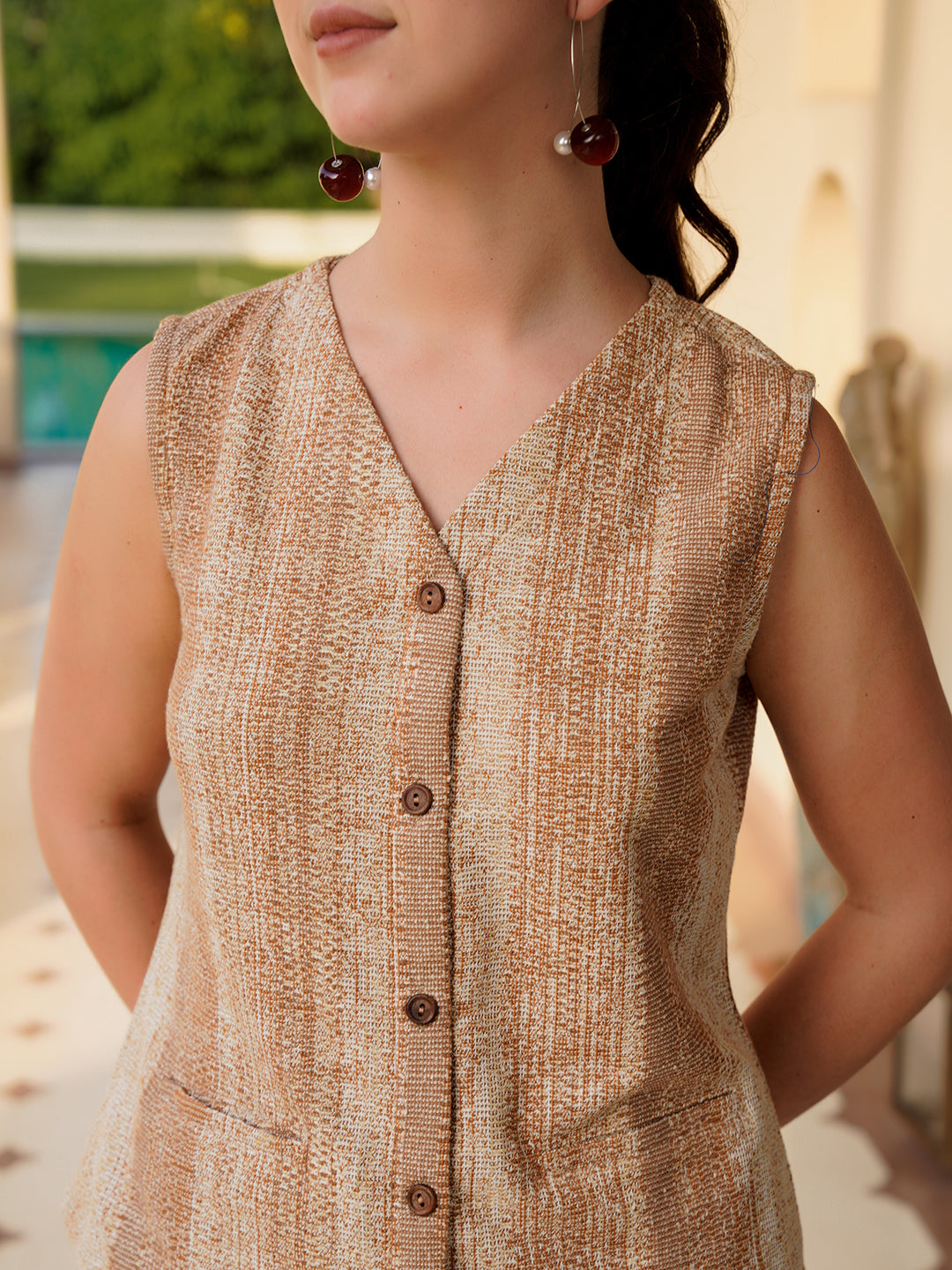 Brown V-Neck Polyester Striped Co-ords Set for Women