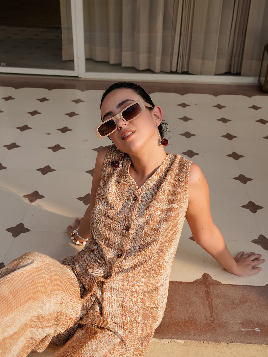 Brown V-Neck Polyester Striped Co-ords Set for Women