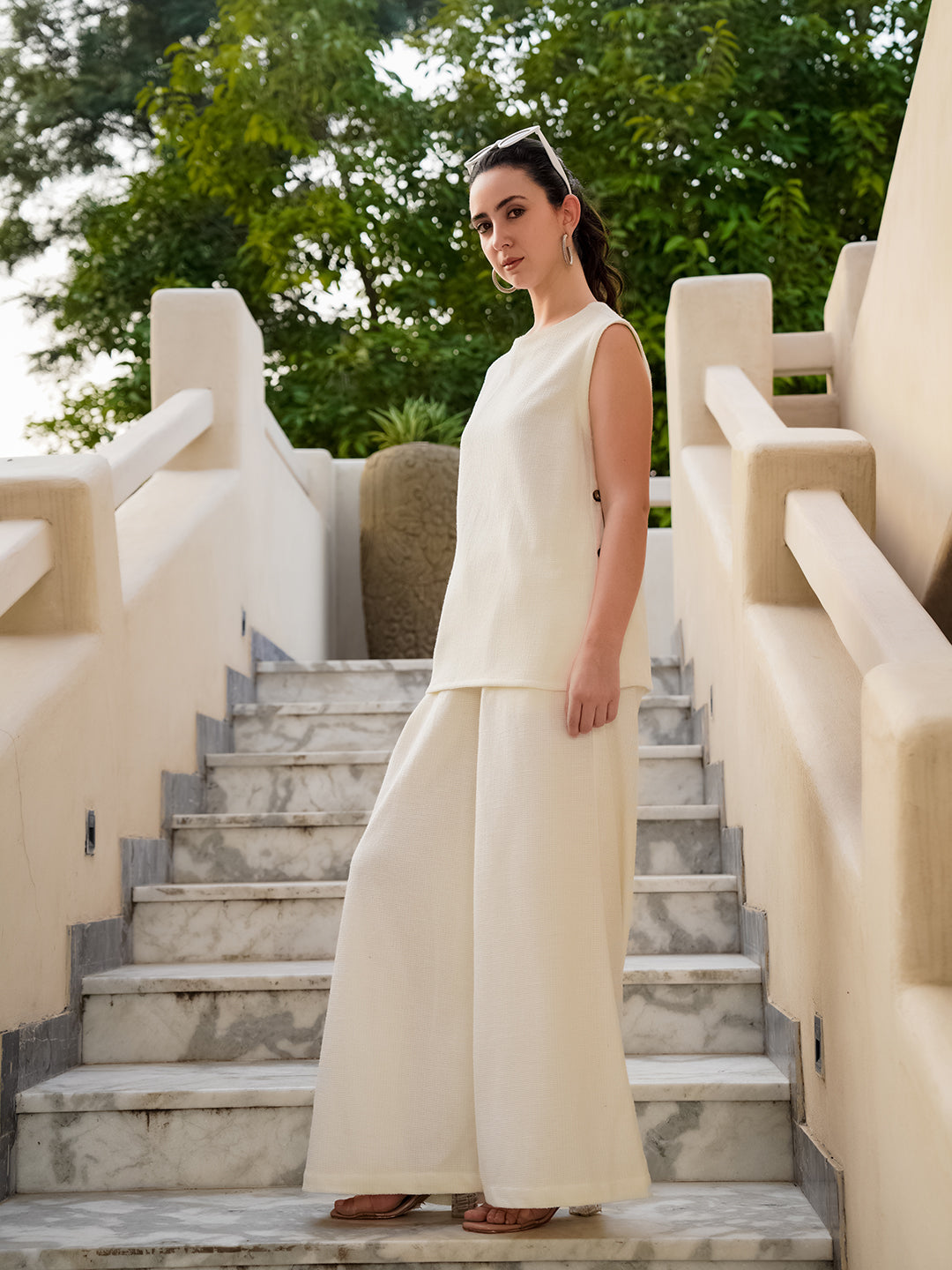 Cream Round Neck Cotton Blend Solid Co-ords Set for Women