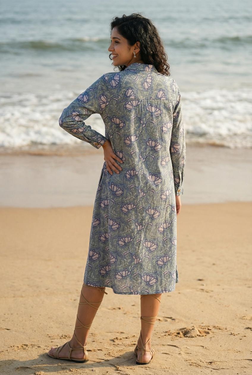 Grey & Pink Floral Printed Pure Cotton A-Line Nightdress For Women