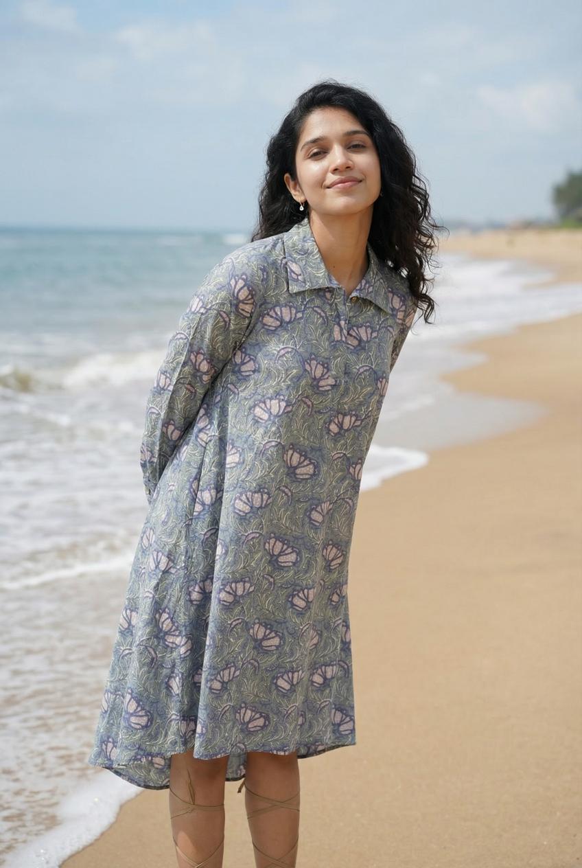 Grey & Pink Floral Printed Pure Cotton A-Line Nightdress For Women