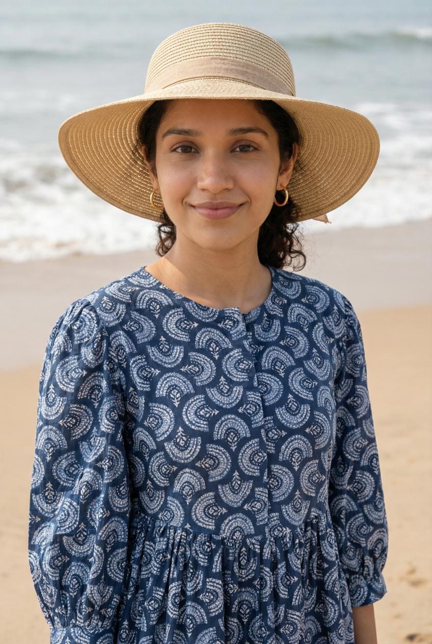 Blue Ethnic Motifs Printed Puff Sleeve Fit & Flare Midi Dress For Women