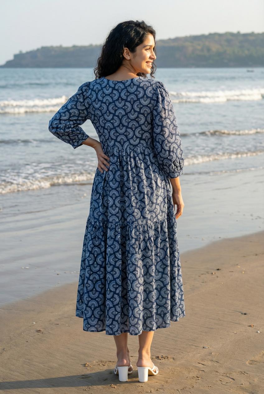 Blue Ethnic Motifs Printed Puff Sleeve Fit & Flare Midi Dress For Women