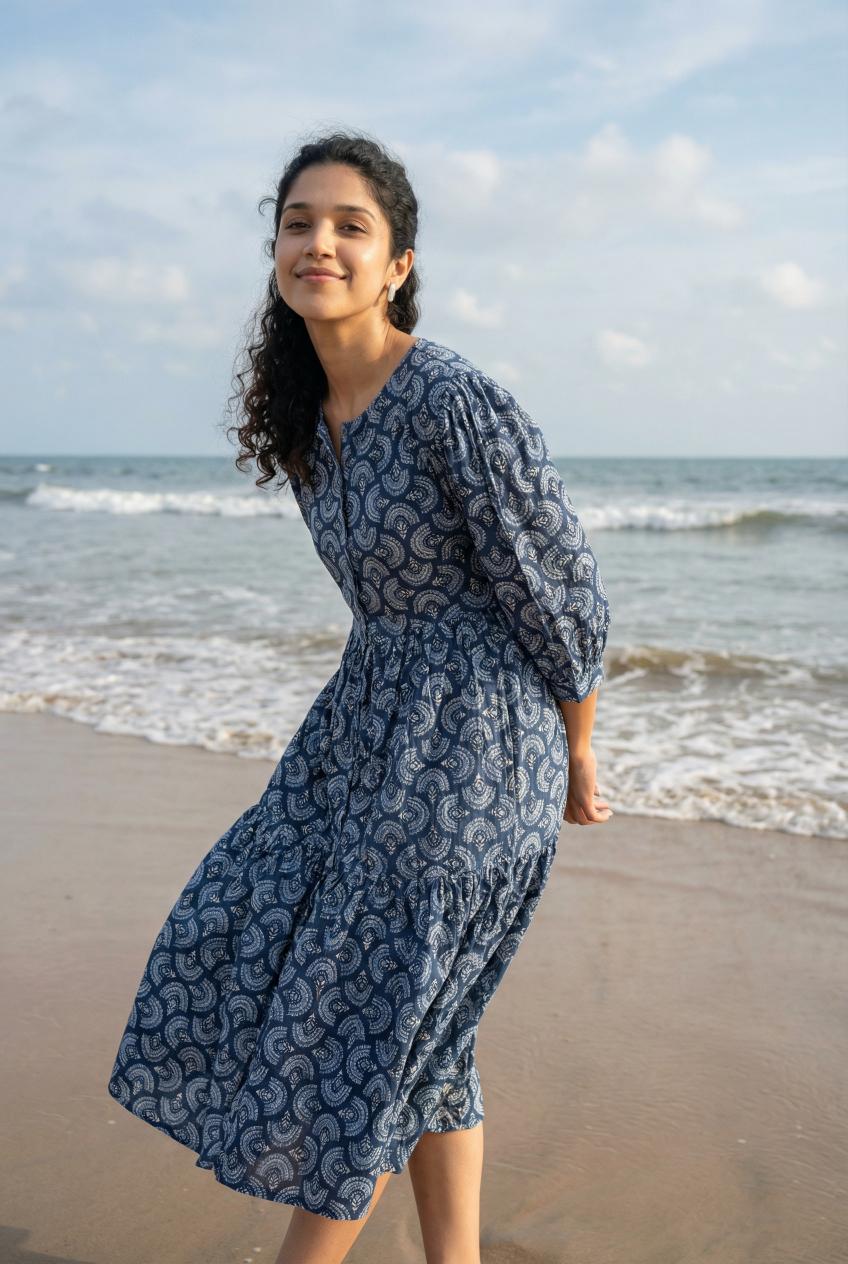 Blue Ethnic Motifs Printed Puff Sleeve Fit & Flare Midi Dress For Women