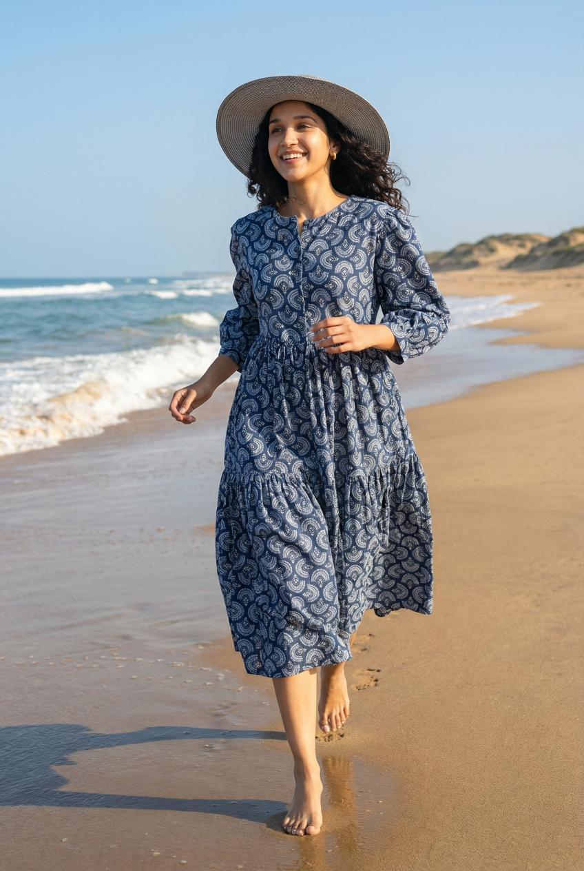 Blue Ethnic Motifs Printed Puff Sleeve Fit & Flare Midi Dress For Women
