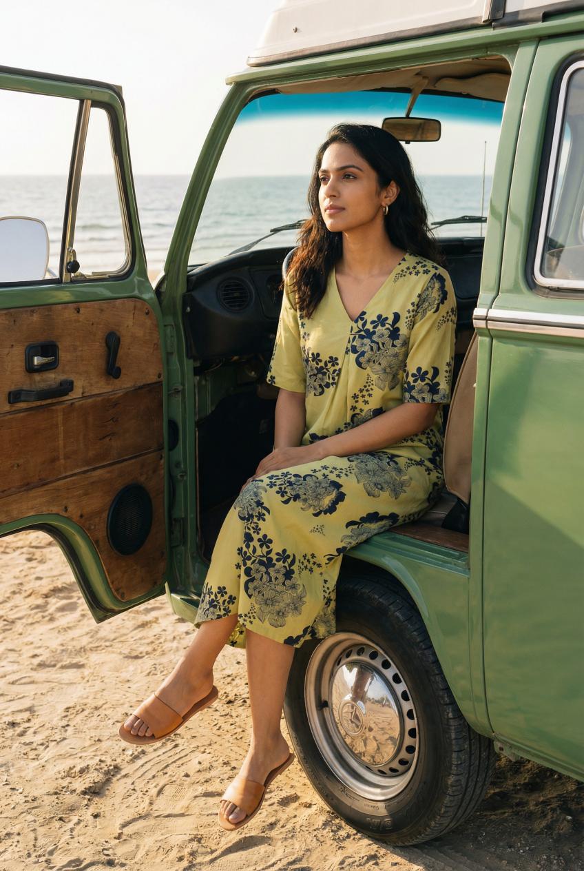 Musterd Floral Print V-Neck Pure Cotton Nightdress For Women