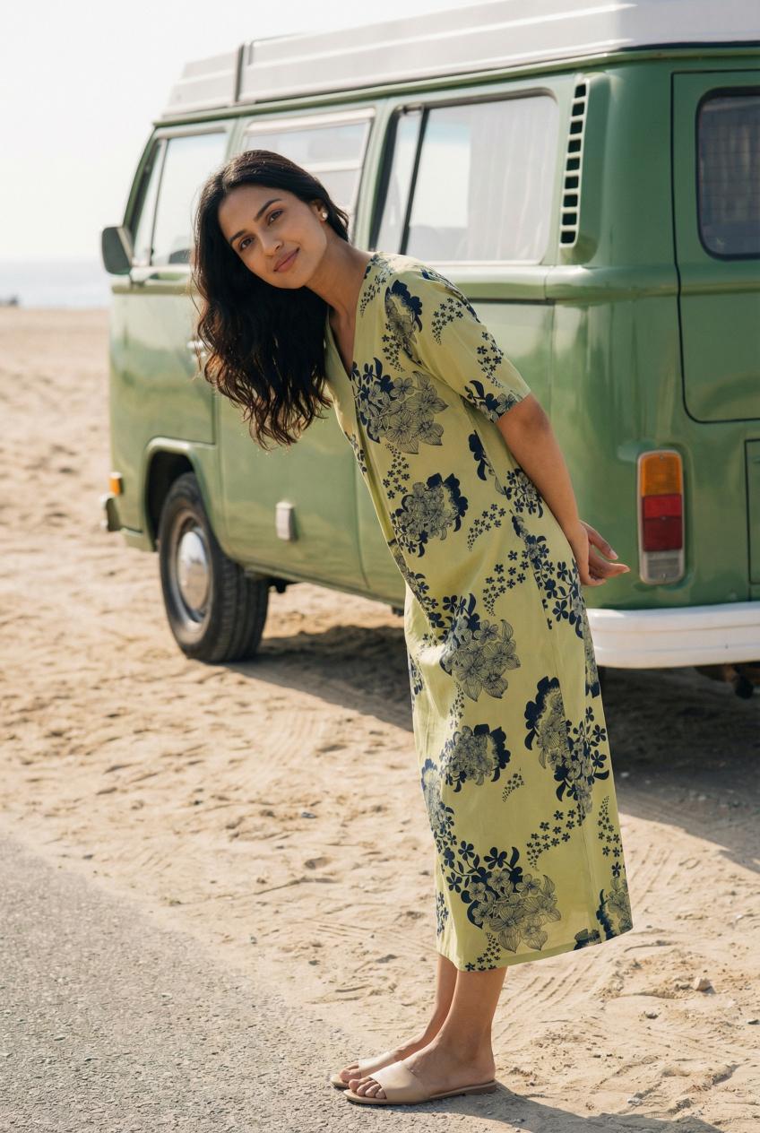 Musterd Floral Print V-Neck Pure Cotton Nightdress For Women