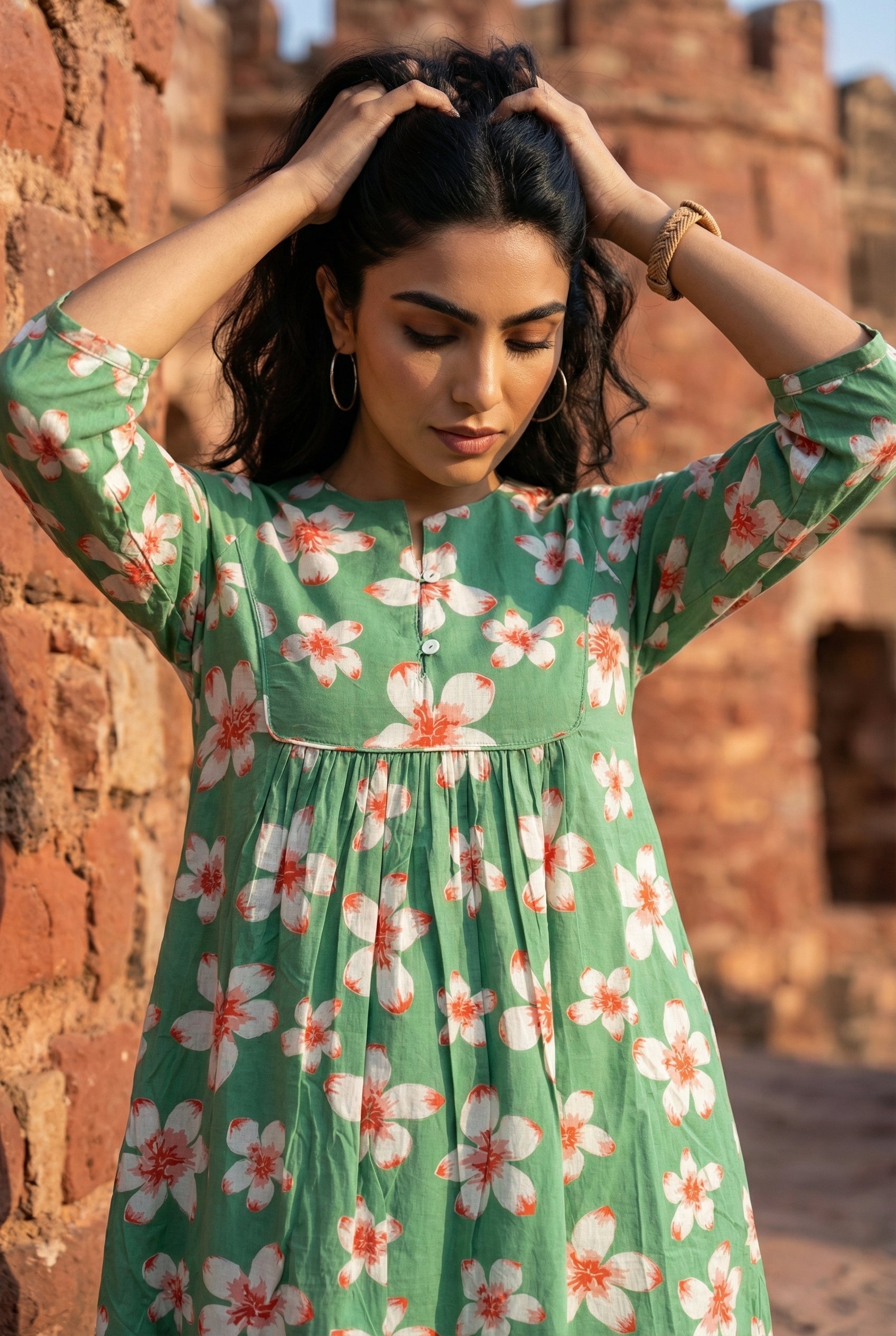 Green Floral Print Round Neck Pure Cotton Nightdress for Women
