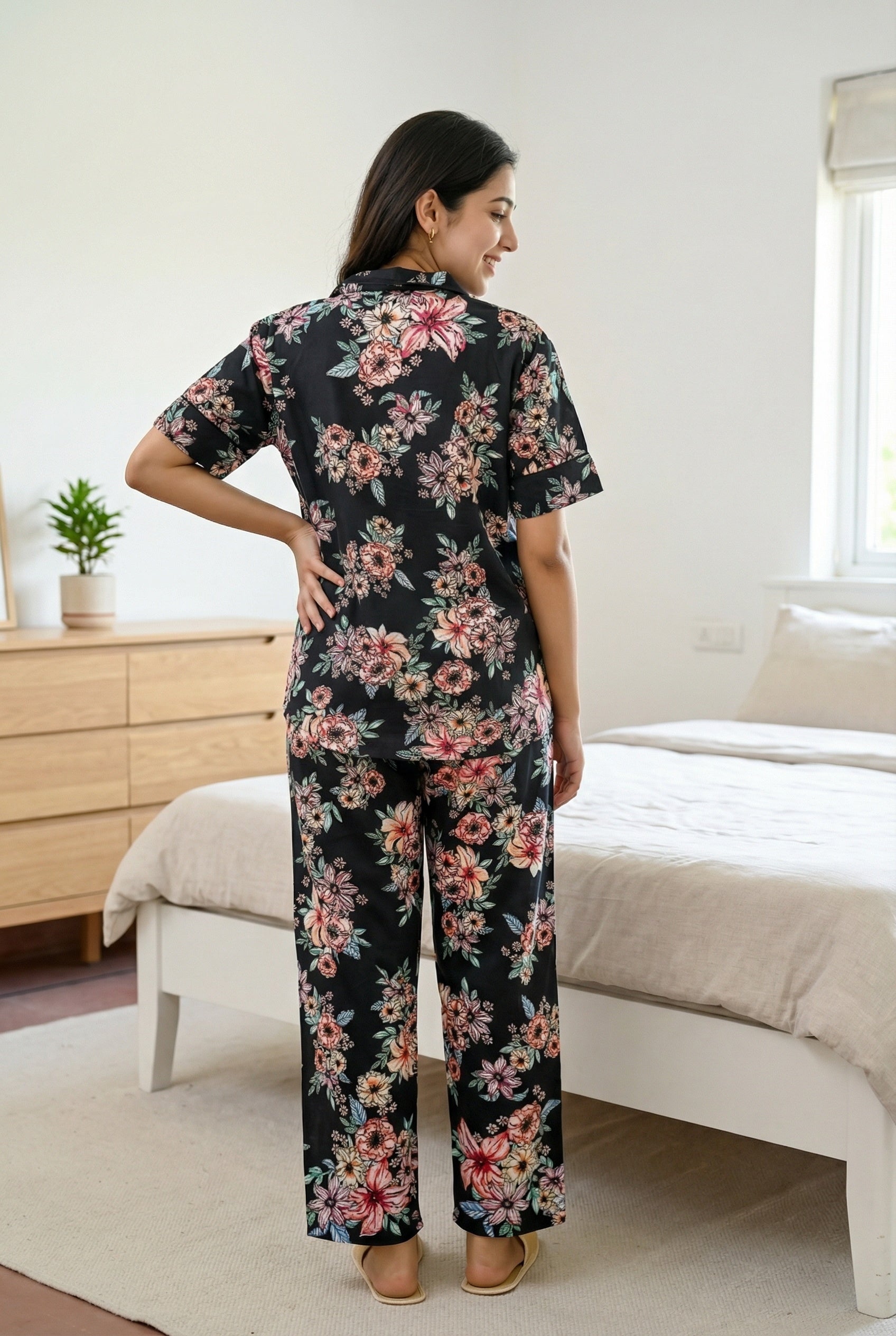 Black Floral Print Shirt Collar Cotton Night Suit Set For Women