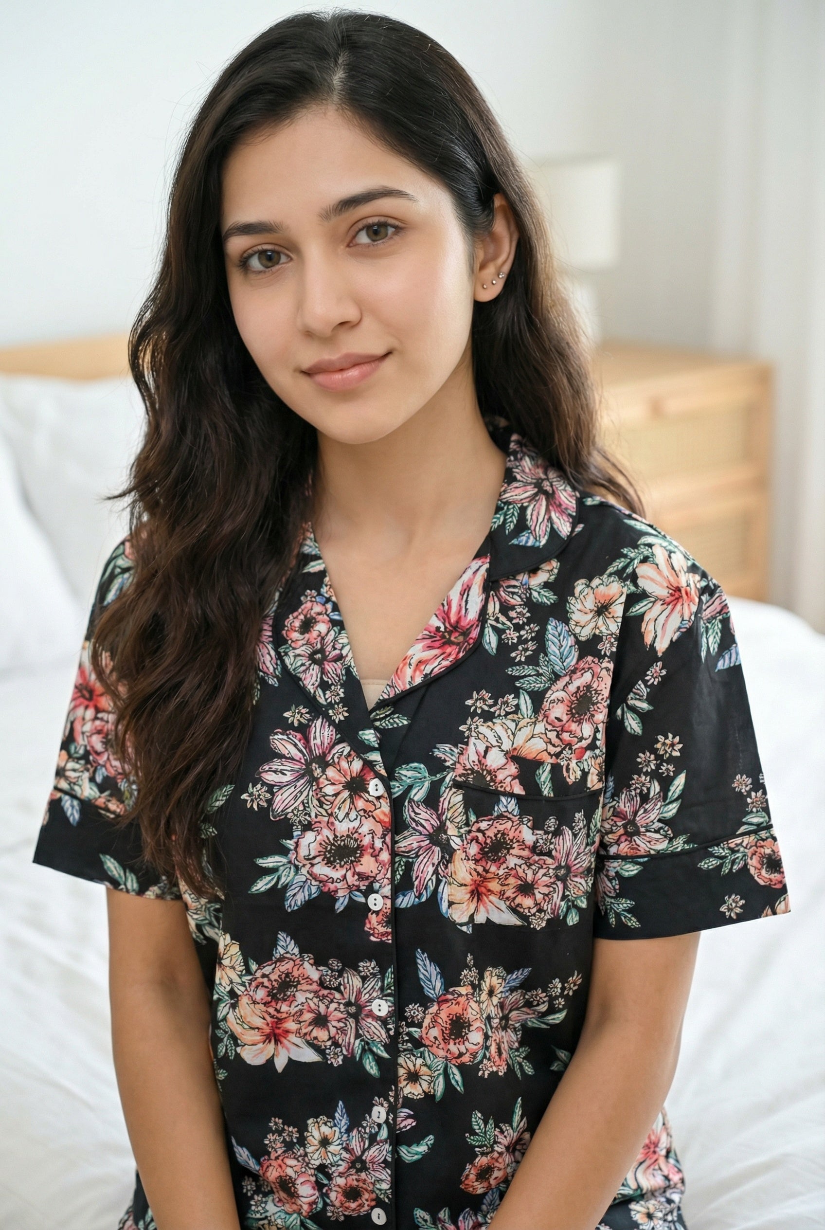 Black Floral Print Shirt Collar Cotton Night Suit Set For Women