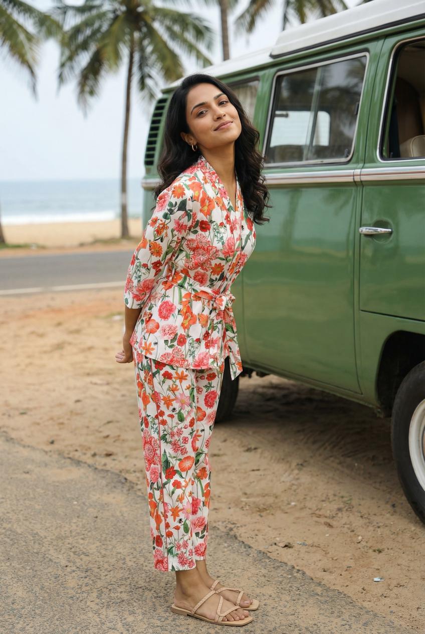 Off White V-Neck Floral Print Satin Night Suit Set for Women