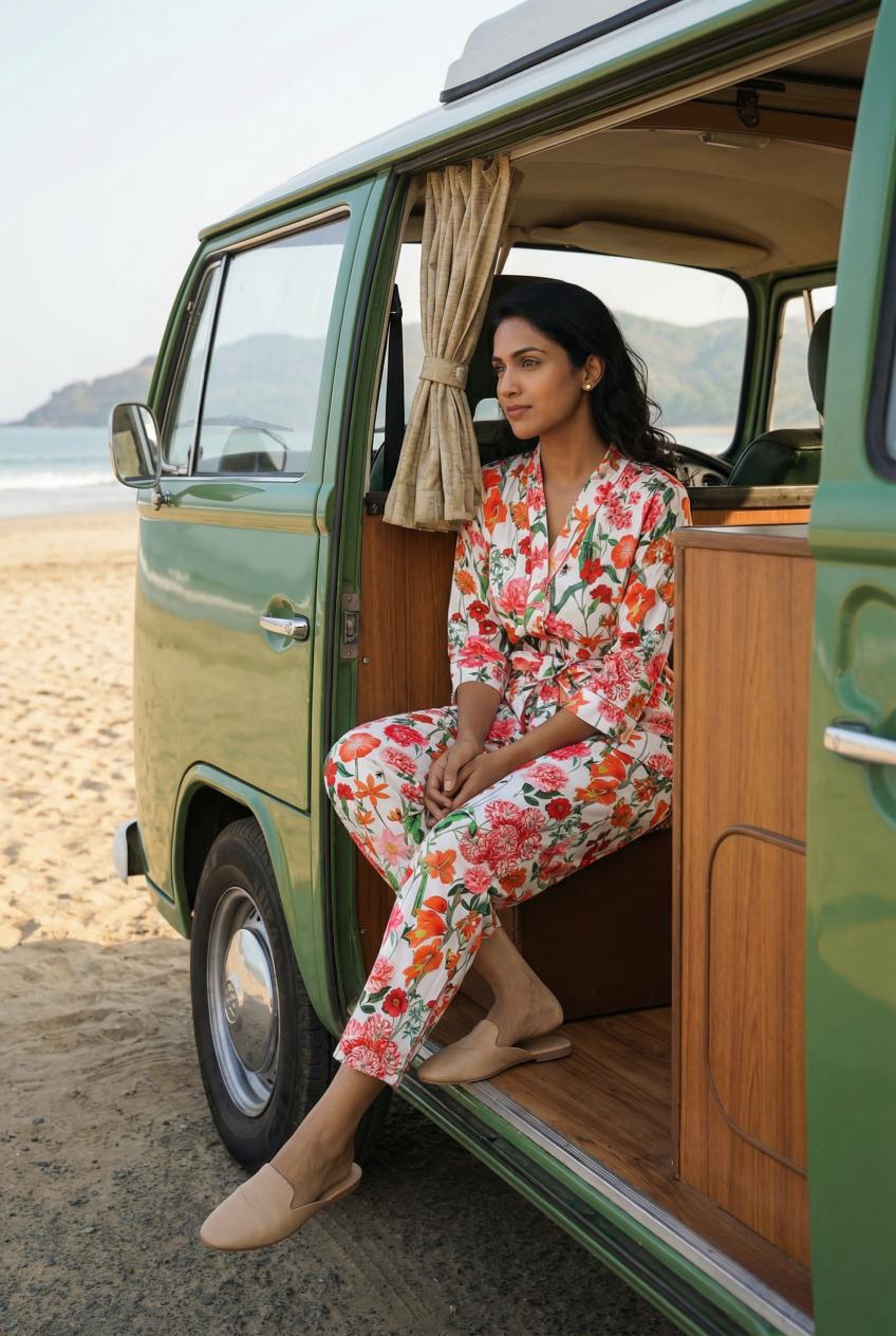 Off White V-Neck Floral Print Satin Night Suit Set for Women