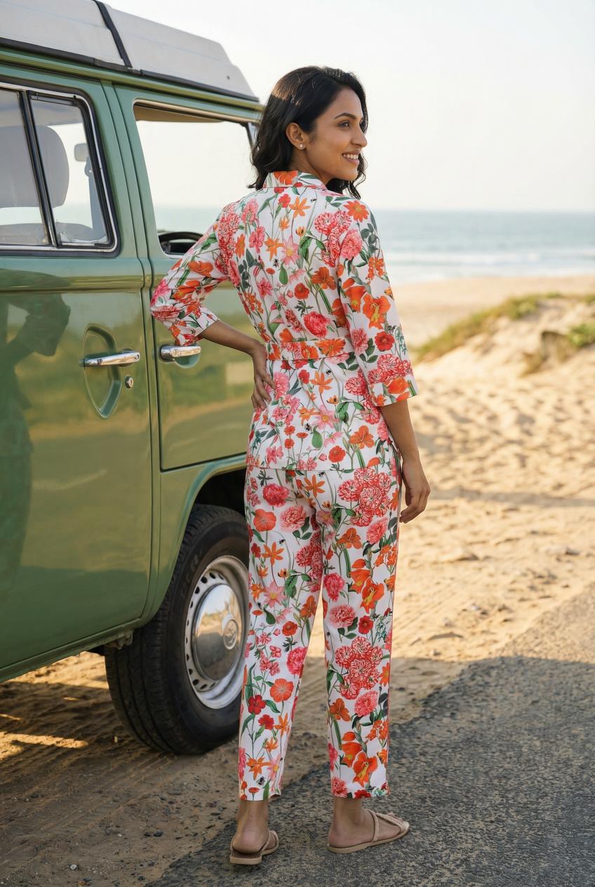 Off White V-Neck Floral Print Satin Night Suit Set for Women