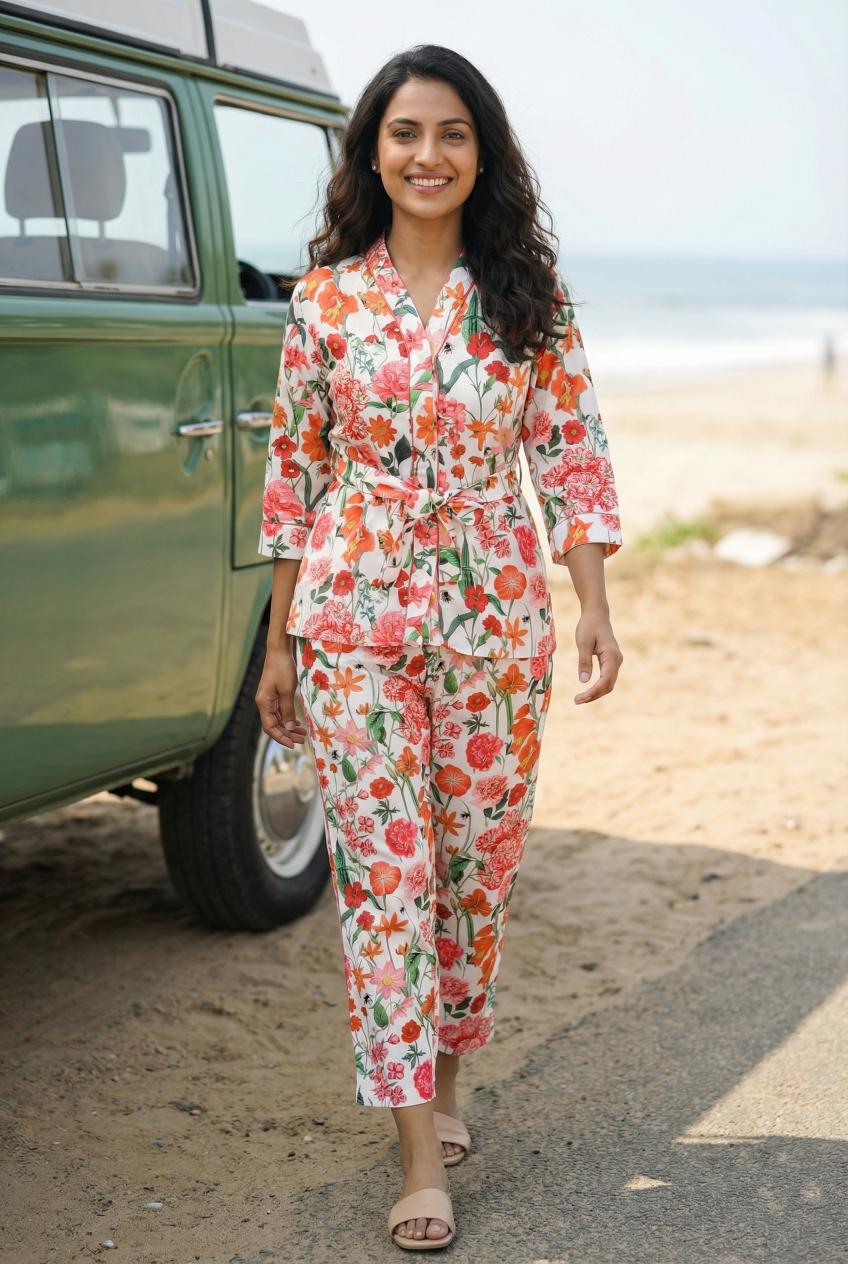 Off White V-Neck Floral Print Satin Night Suit Set for Women