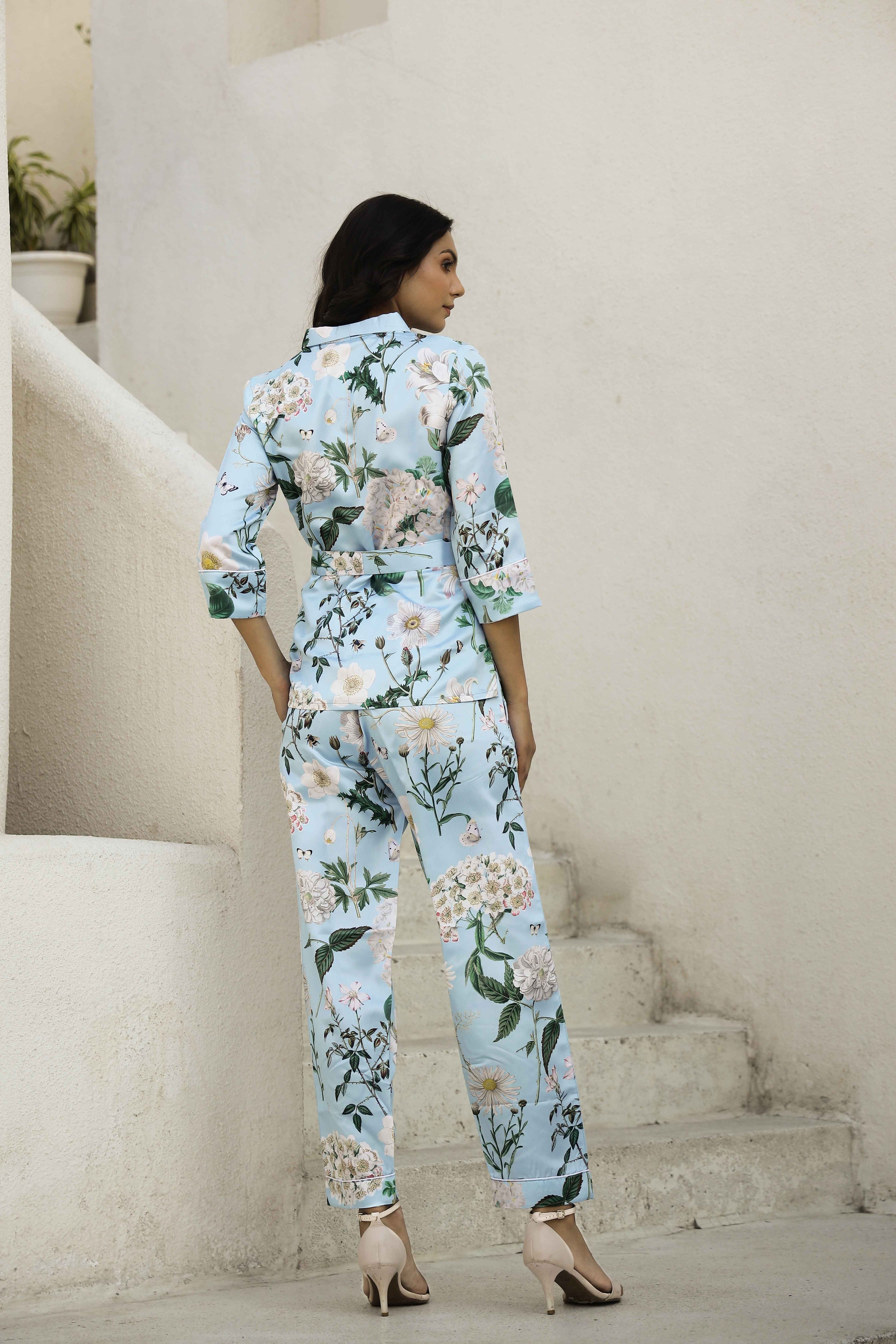 Aqua Blue Printed V-Neck Satin Pyjama Night Suit For Women