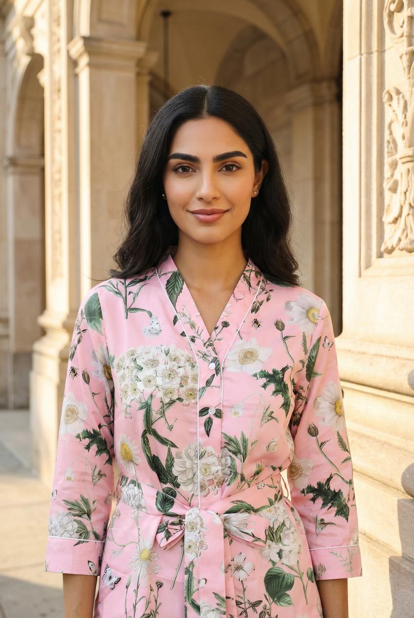 Pink Floral Print V-Neck Pure Cotton Night Suit Set For Women