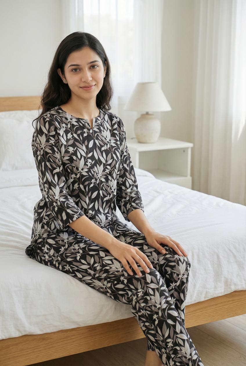 Black & White Round Neck Printed Pure Cotton Night Suit Set For Women