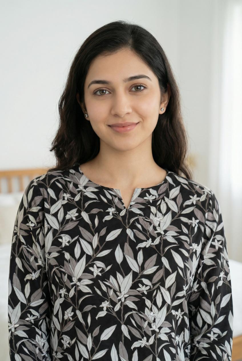 Black & White Round Neck Printed Pure Cotton Night Suit Set For Women