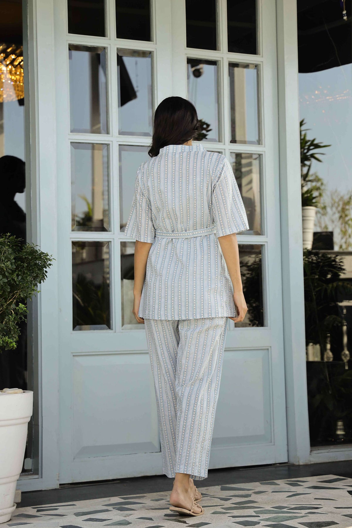 Pale Blue & White Printed Pure Cotton Shrug Night Suit