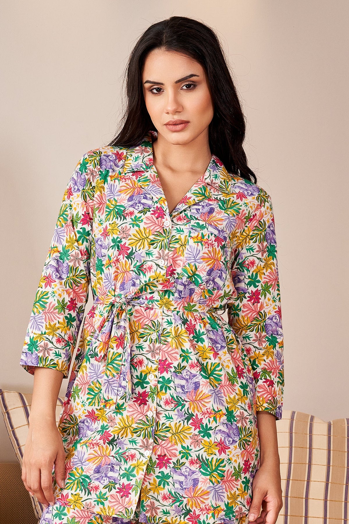 Multi Colour Tie-Up Night Suit Set