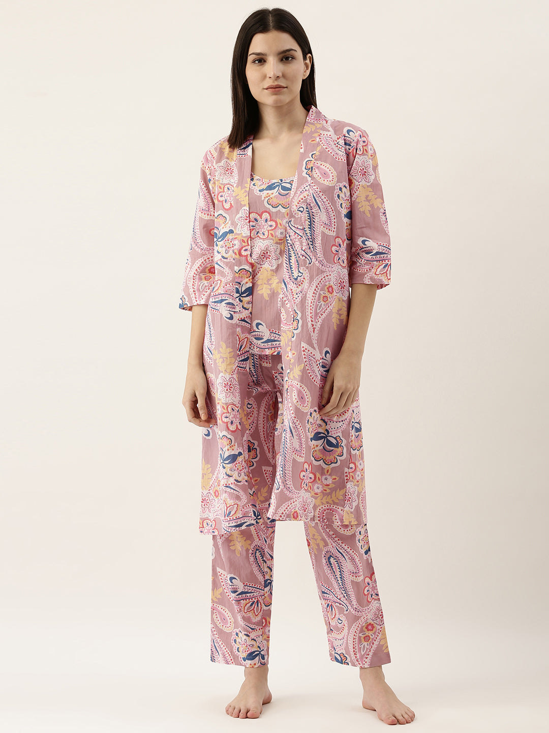 Paisley Cotton Printed 3 Peice Night Suit Set