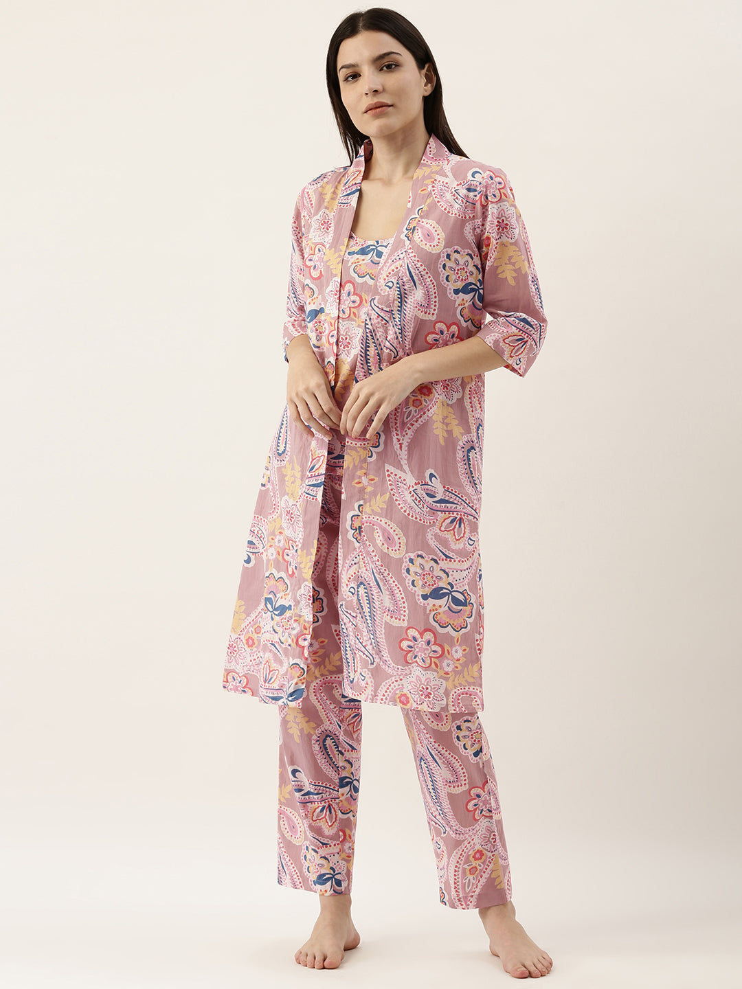 Paisley Cotton Printed 3 Peice Night Suit Set