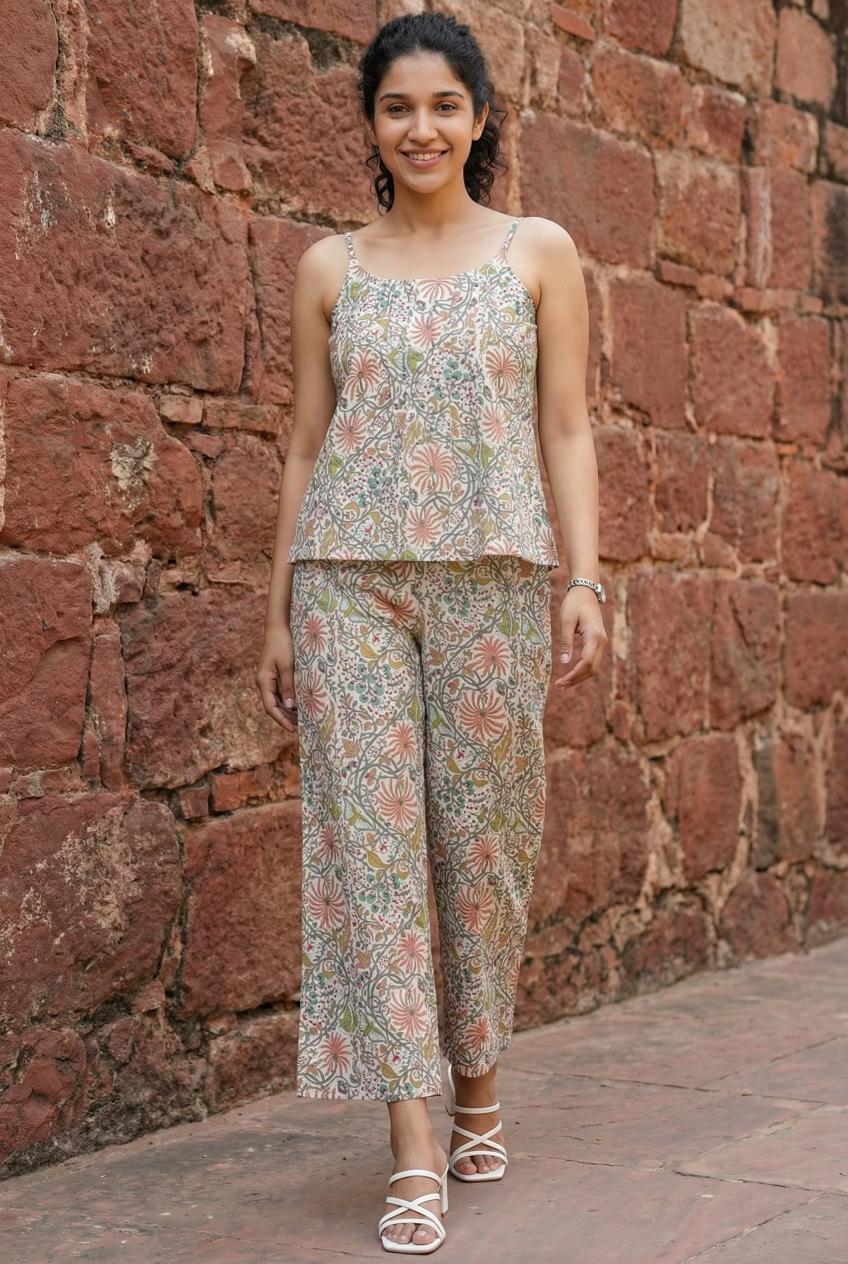 Beige Floral Print Round Neck Pure Cotton Night suit