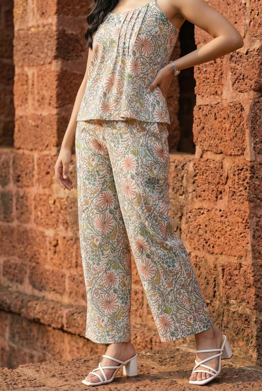 Beige Floral Print Round Neck Pure Cotton Night suit
