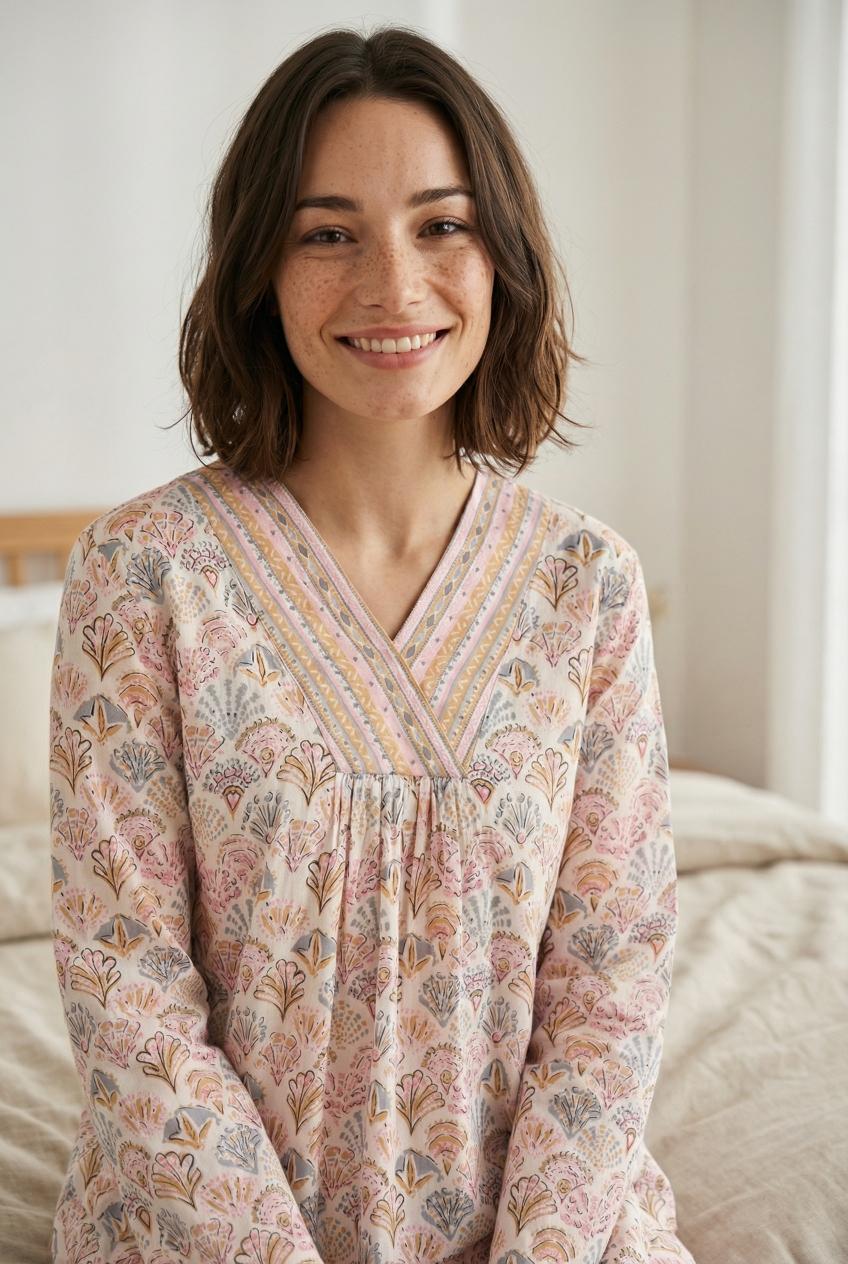 Off White & Pink V-Neck Ethnic Motifs Printed Pure Cotton Night Suit For Women